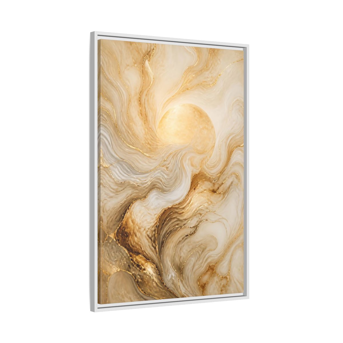 Side Mockup 9. Abstract Gold Sun shown as framed canvas print
