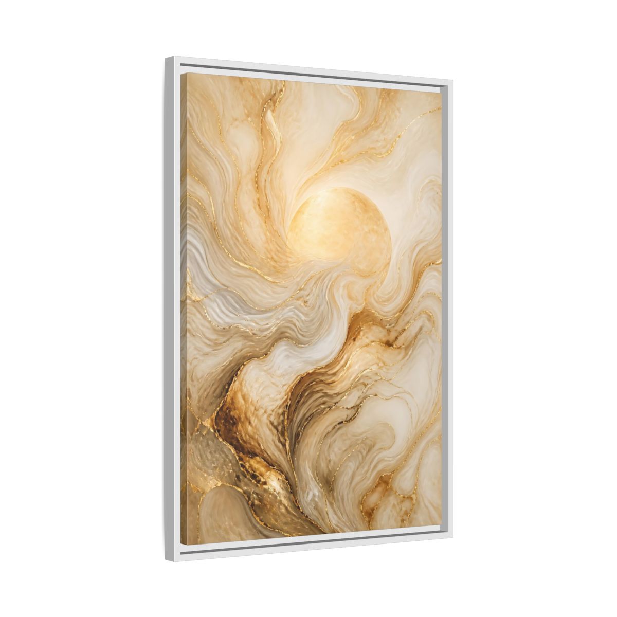 Side Mockup 10. Abstract Gold Sun shown as framed canvas print