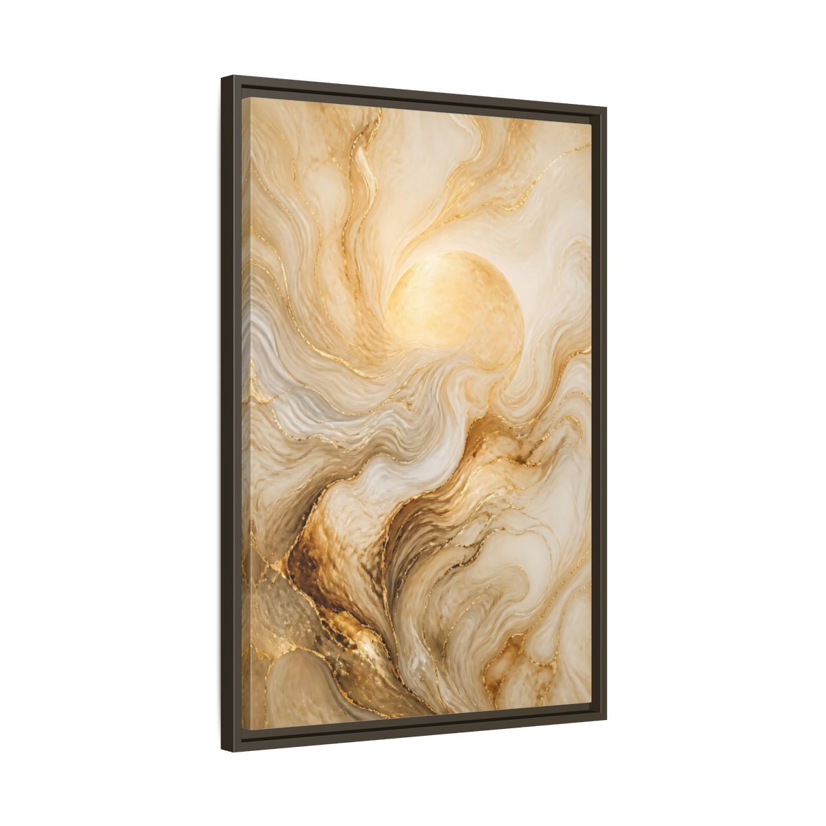 Side Mockup 11. Abstract Gold Sun shown as framed canvas print