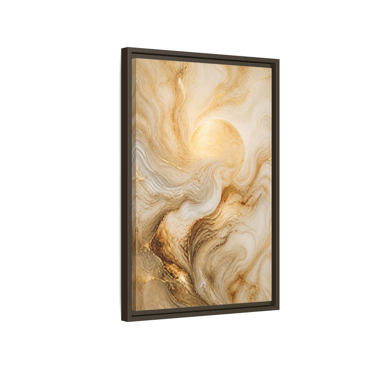 Side Mockup 2. Abstract Gold Sun shown as framed canvas print