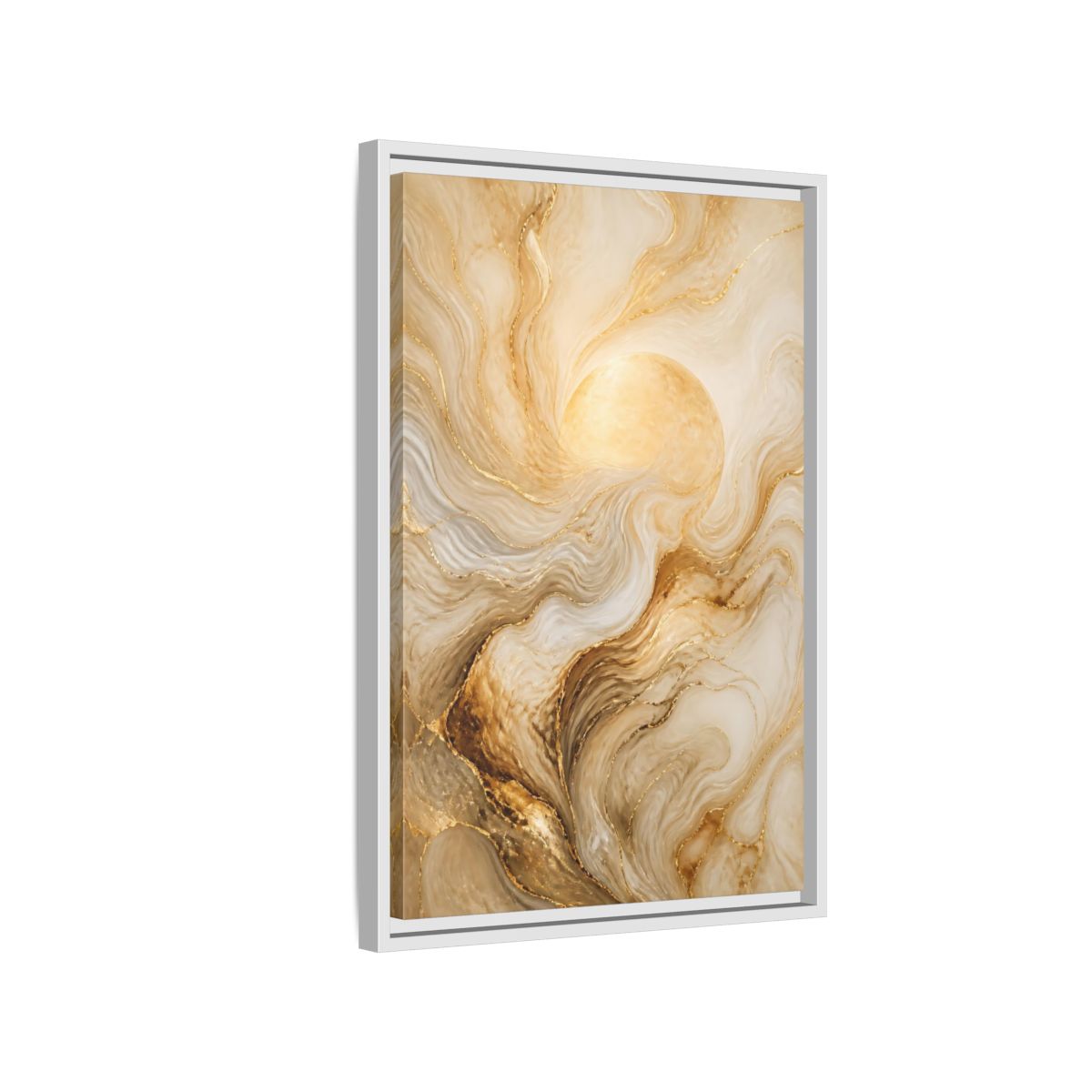 Side Mockup 1. Abstract Gold Sun shown as framed canvas print
