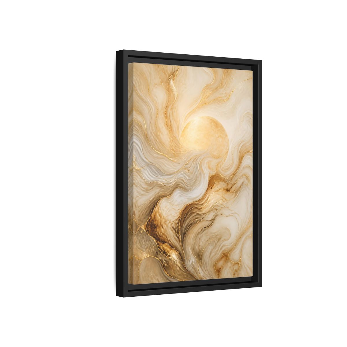 Side Mockup 6. Abstract Gold Sun shown as framed canvas print