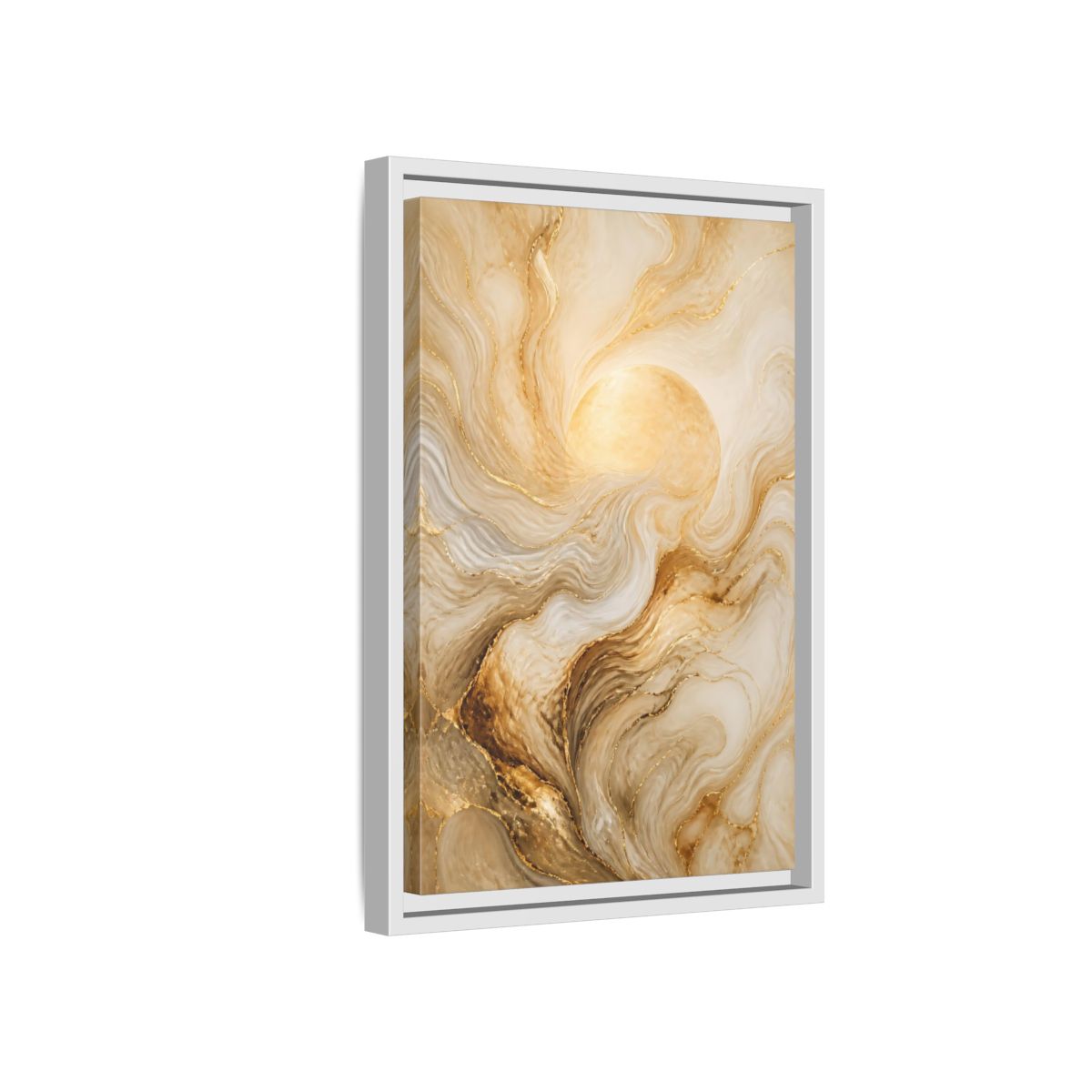 Side Mockup 4. Abstract Gold Sun shown as framed canvas print