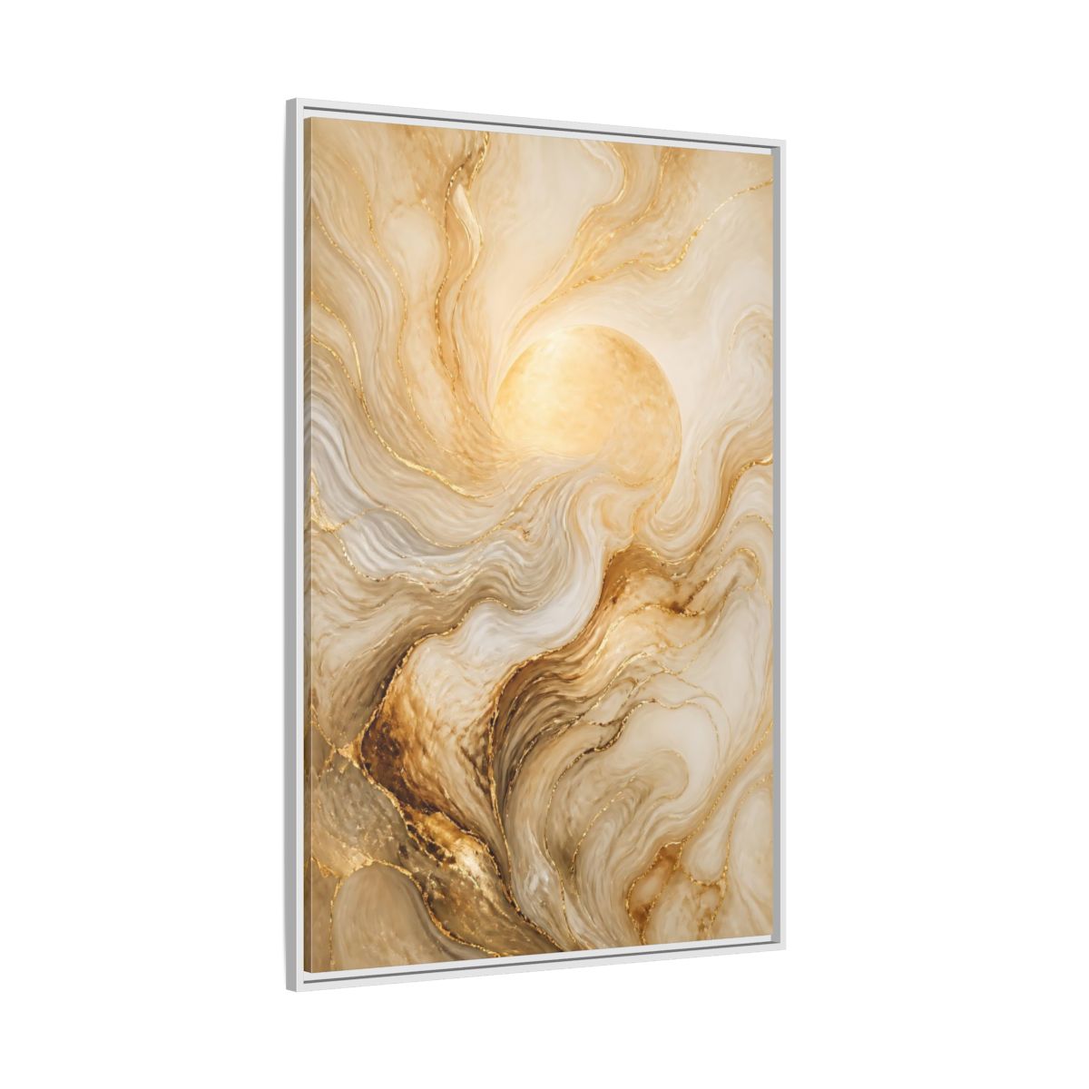 Side Mockup 7. Abstract Gold Sun shown as framed canvas print