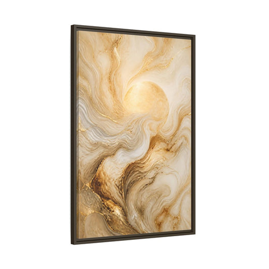 Main Mockup. Abstract Gold Sun shown as framed canvas print