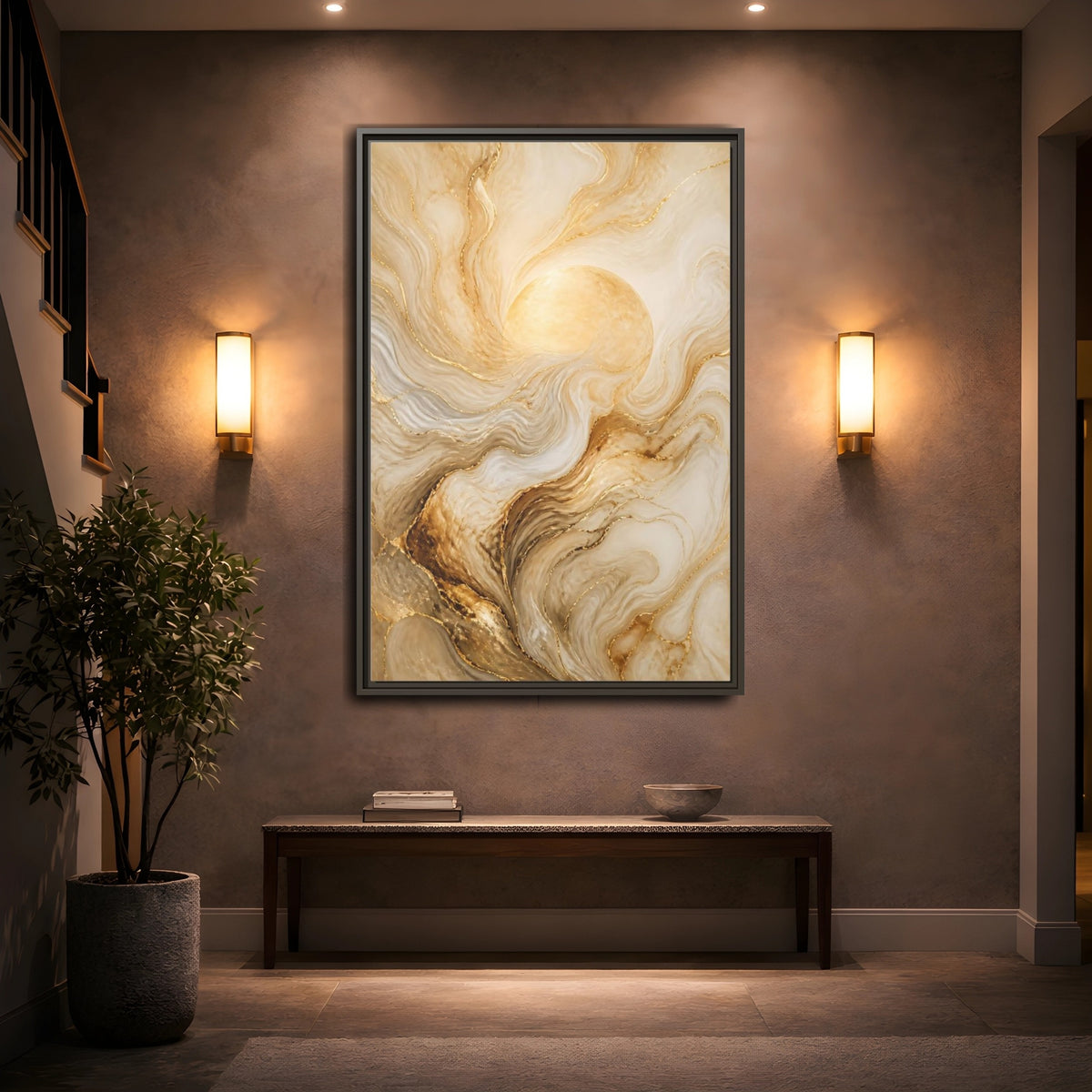 Mockup 2. Abstract Gold Sun shown as framed canvas print