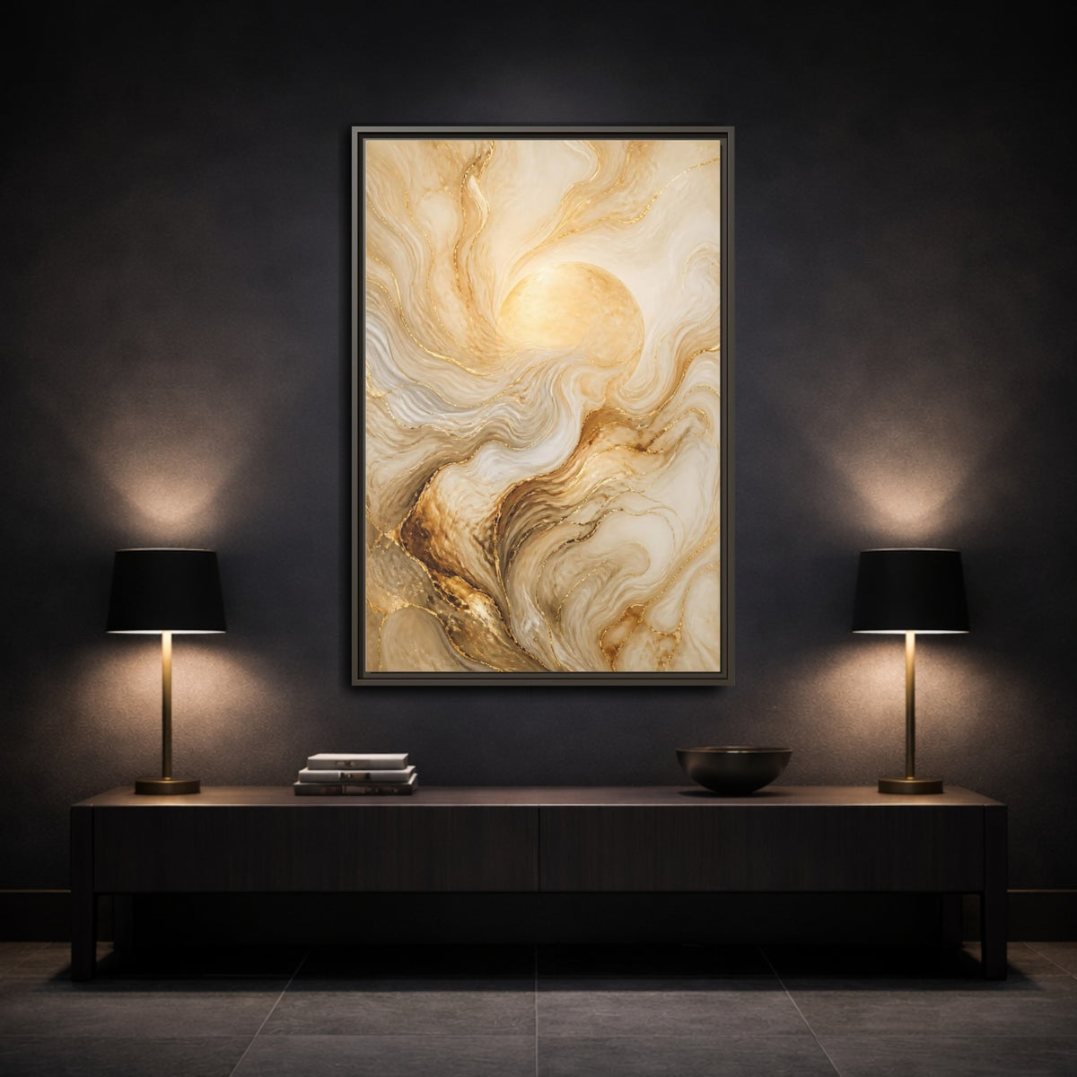 Mockup 3. Abstract Gold Sun shown as framed canvas print