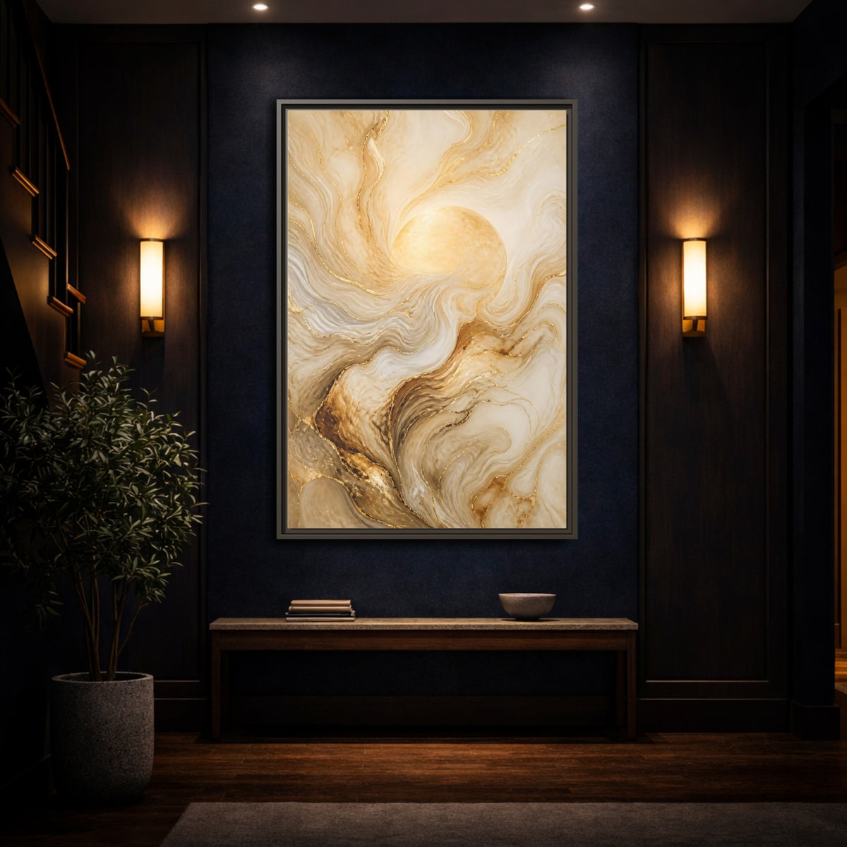 Mockup 4. Abstract Gold Sun shown as framed canvas print