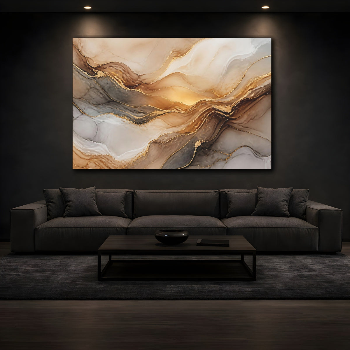 Mockup 3. Abstract Gold Wave shown as canvas print