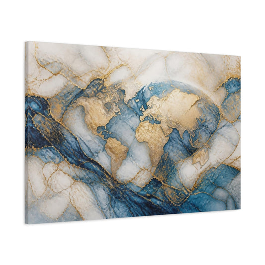 Main Mockup. Abstract Gold World Map shown as canvas print