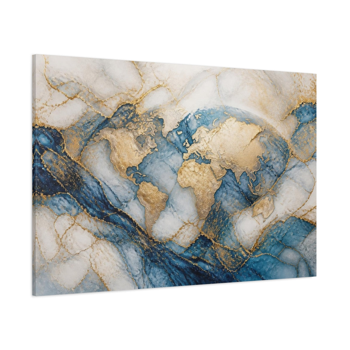 Side Mockup 1. Abstract Gold World Map shown as canvas print