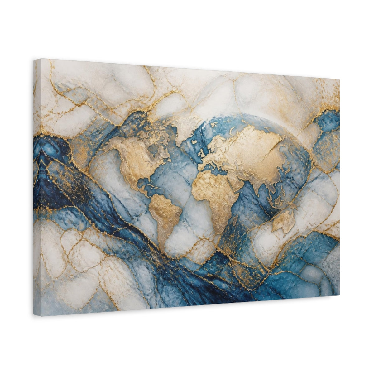 Side Mockup 3. Abstract Gold World Map shown as canvas print