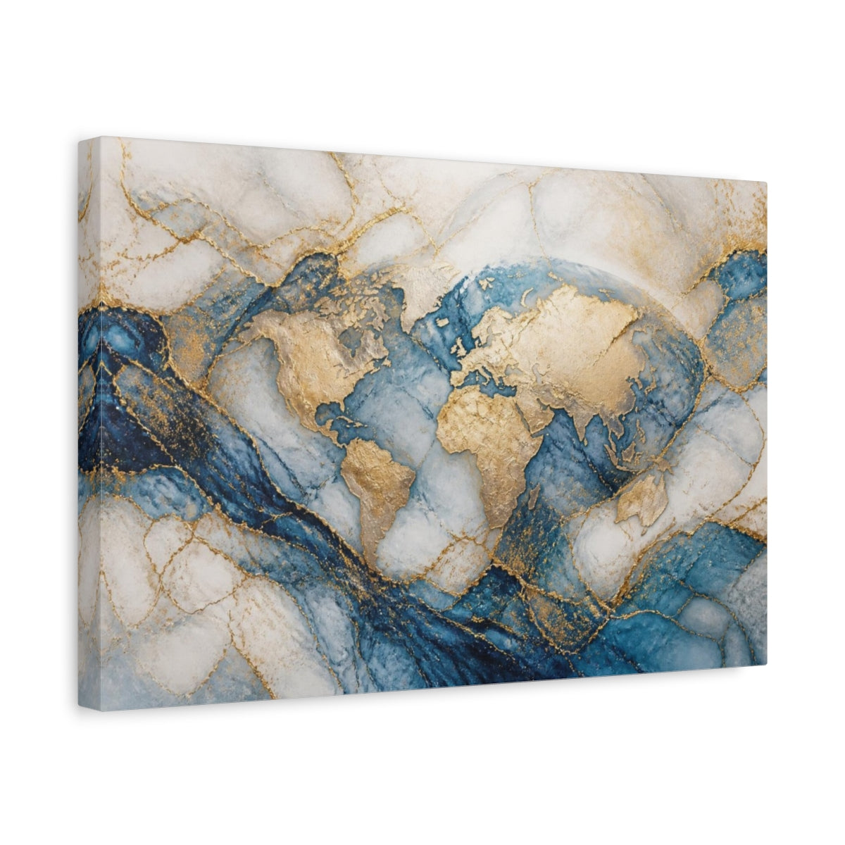 Side Mockup 4. Abstract Gold World Map shown as canvas print