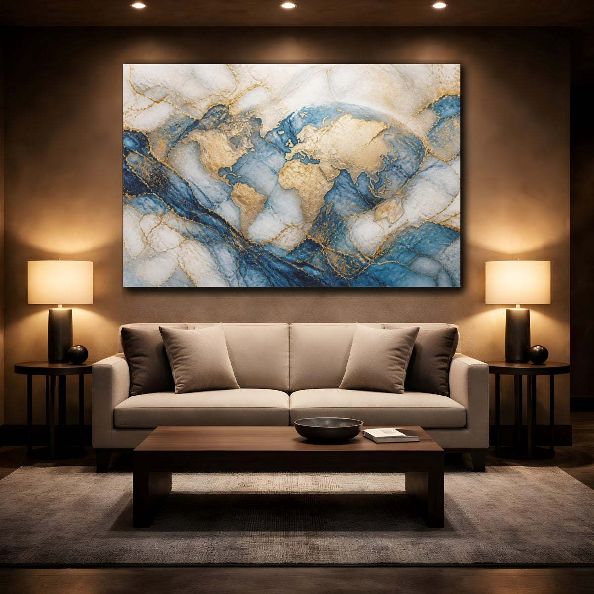 Mockup 2. Abstract Gold World Map shown as canvas print