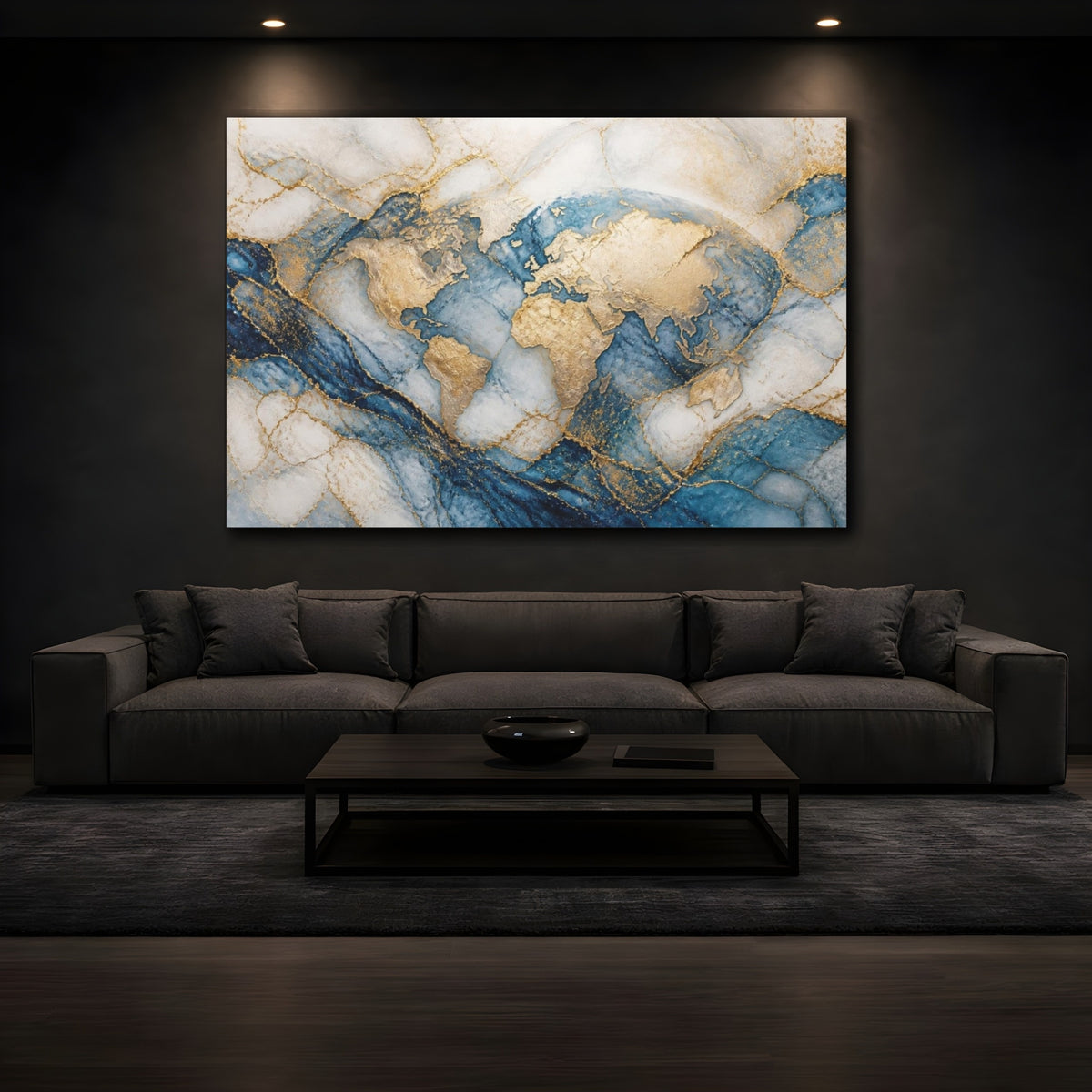Mockup 3. Abstract Gold World Map shown as canvas print