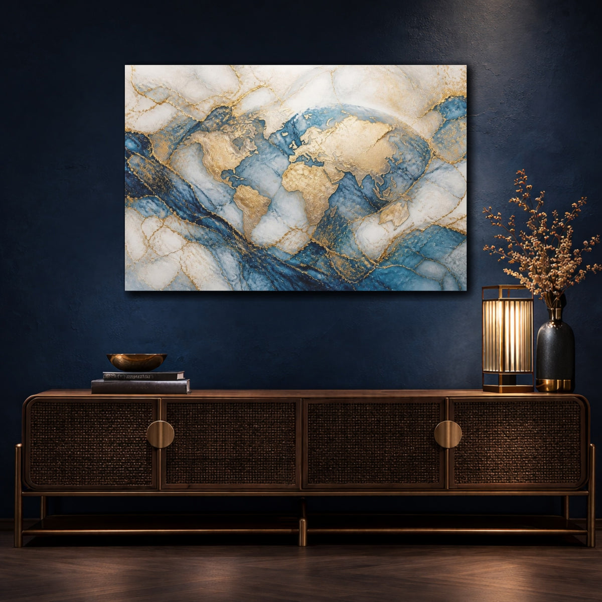 Mockup 4. Abstract Gold World Map shown as canvas print