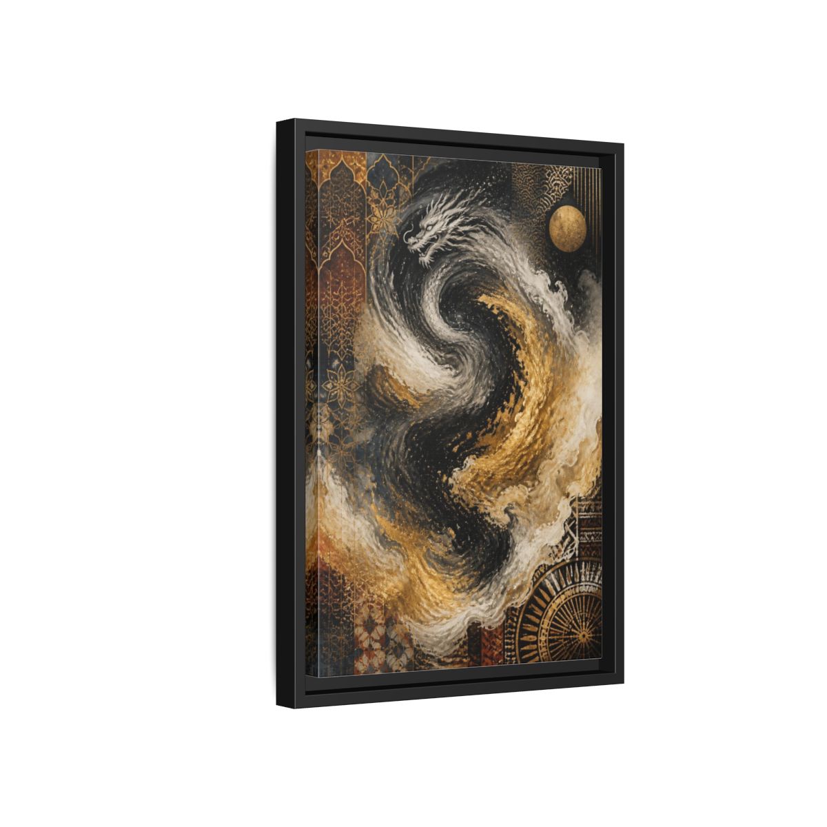 Side Mockup 6. Abstract Golden Dragon Vortex shown as framed canvas print