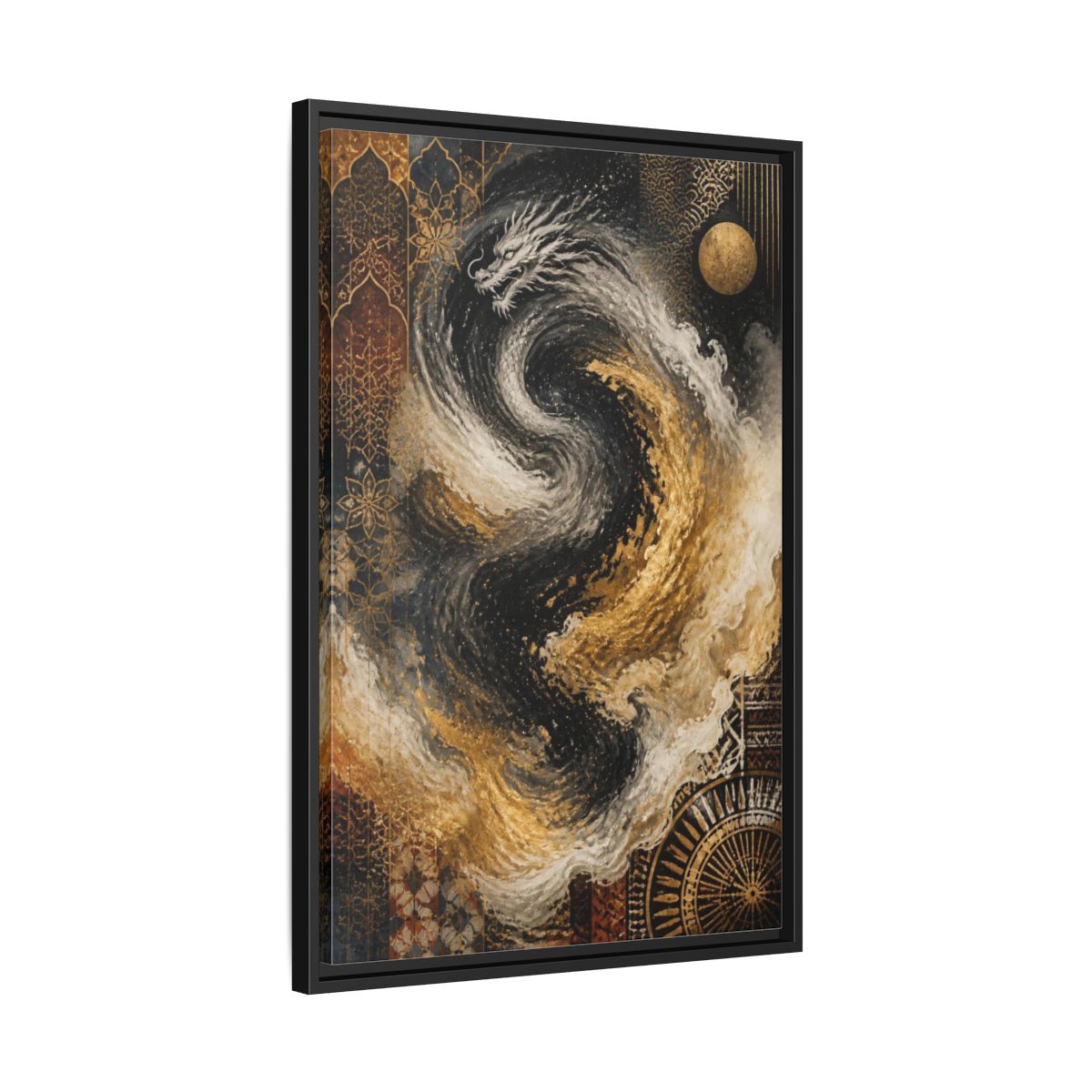 Side Mockup 14. Abstract Golden Dragon Vortex shown as framed canvas print