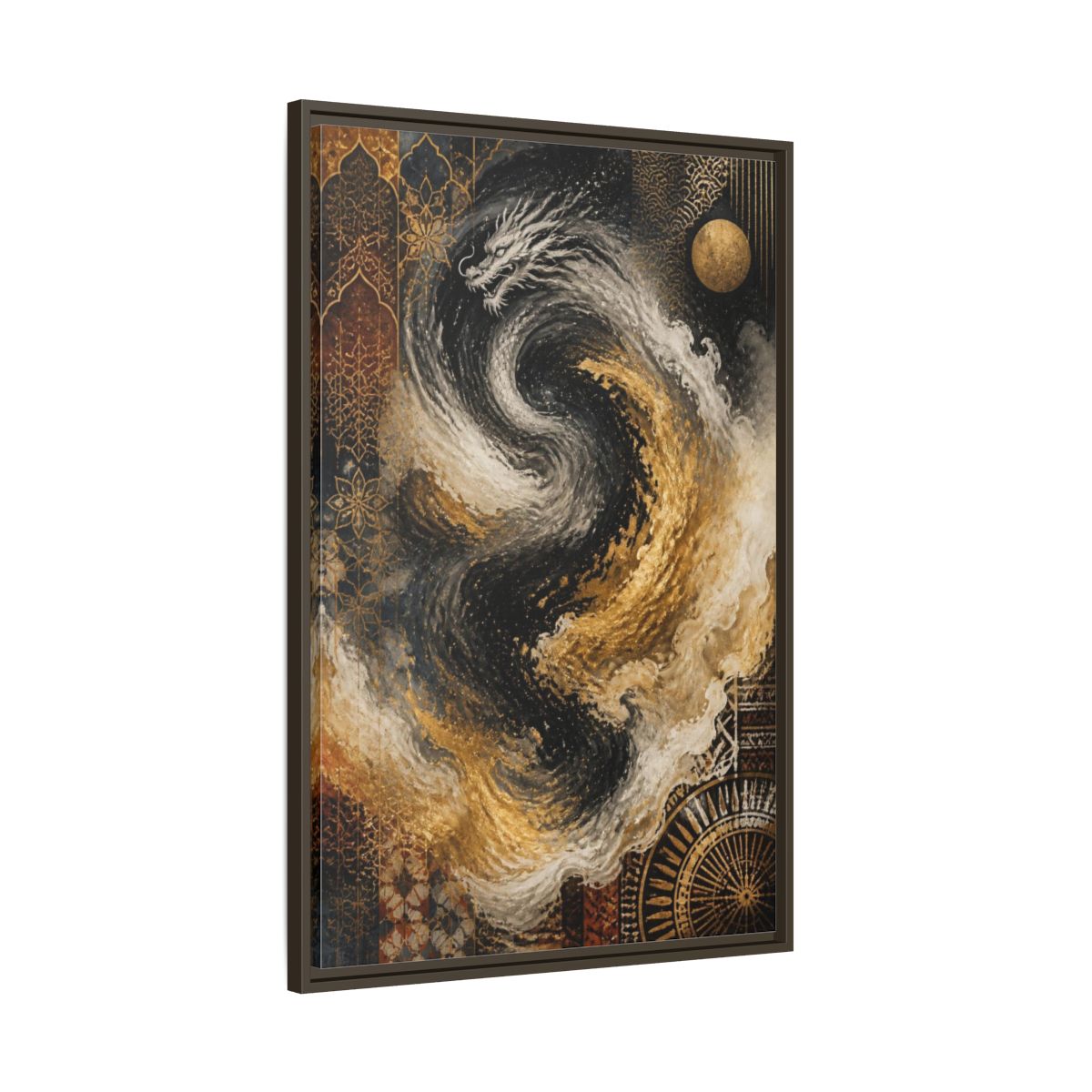 Main Mockup. Abstract Golden Dragon Vortex shown as framed canvas print