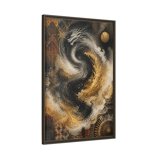 Main Mockup. Abstract Golden Dragon Vortex shown as framed canvas print