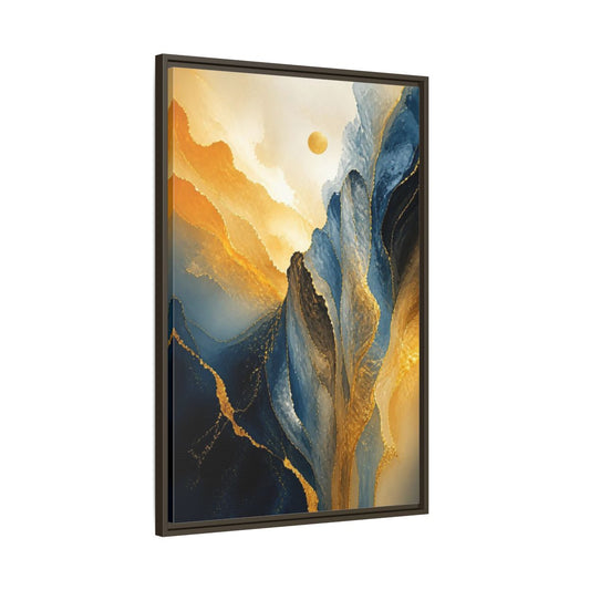 Main Mockup. Abstract Golden Peaks shown as framed canvas print