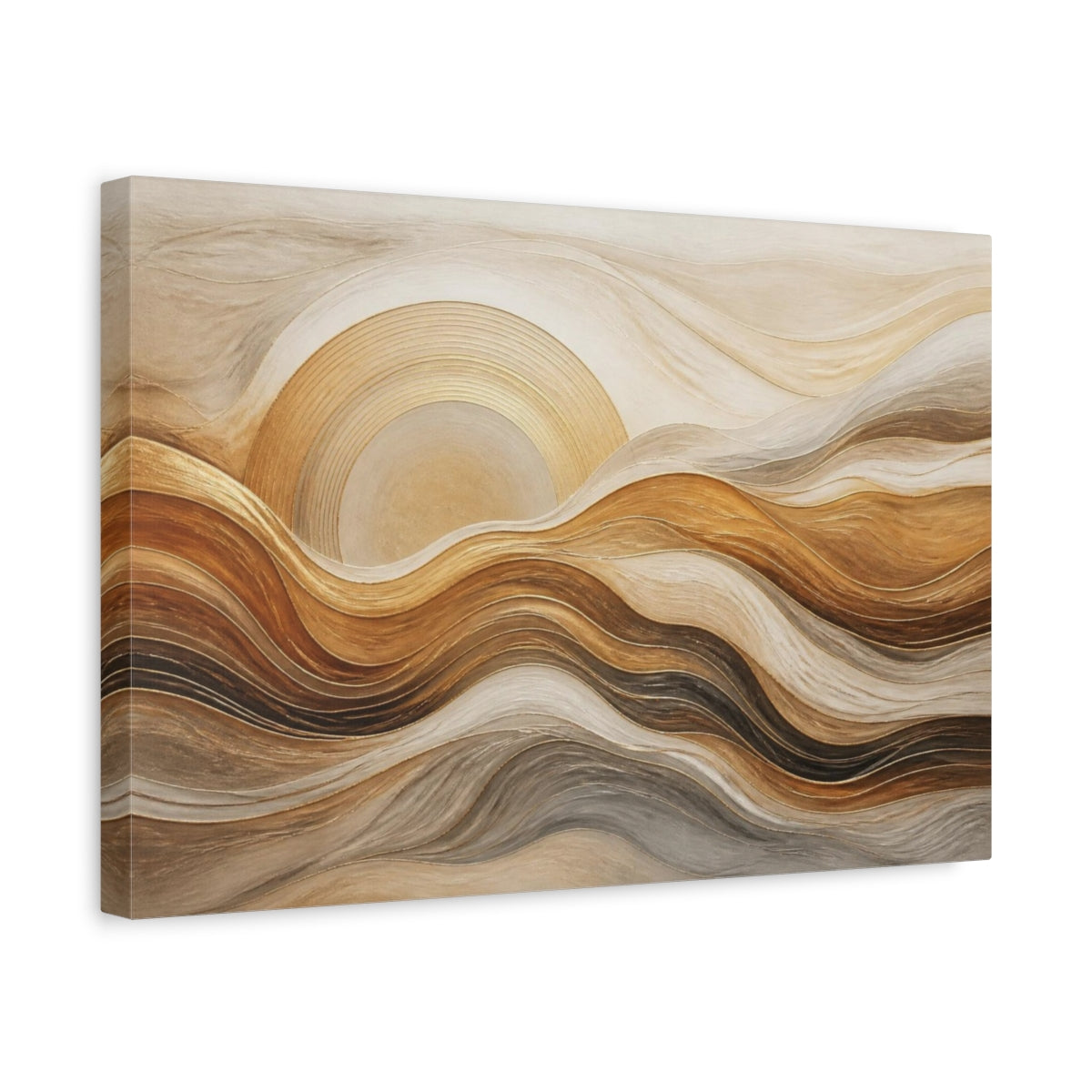 Side Mockup 4. Abstract Golden Sun Waves shown as canvas print