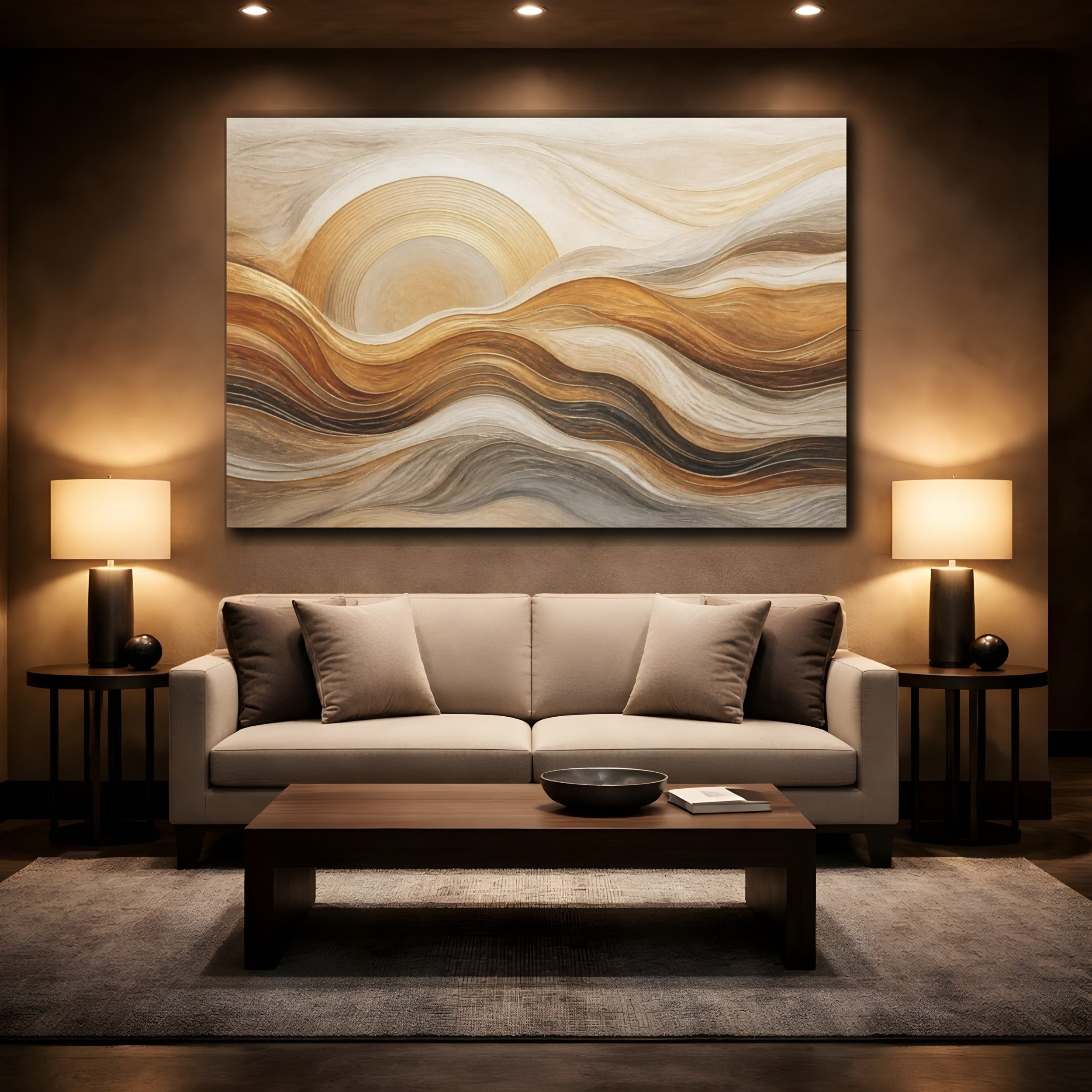 Mockup 2. Abstract Golden Sun Waves shown as canvas print