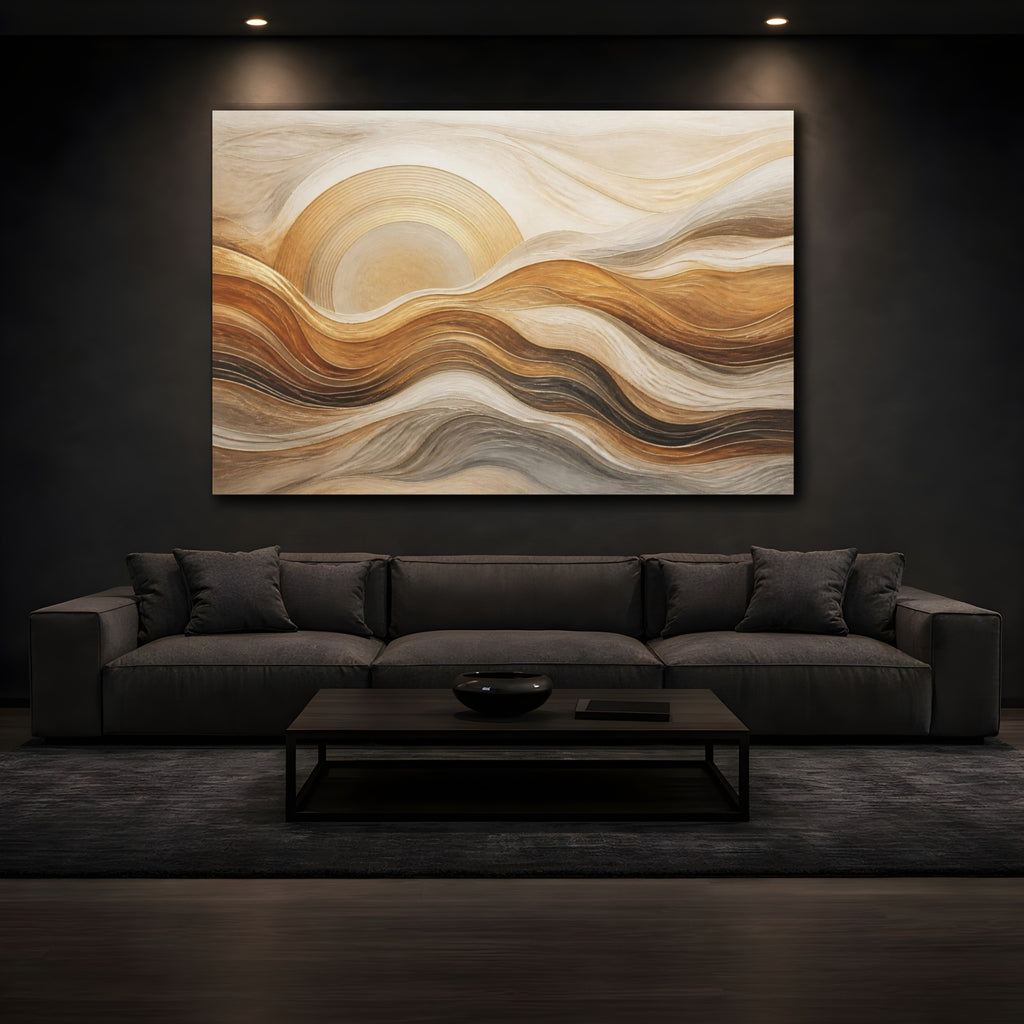 Mockup 3. Abstract Golden Sun Waves shown as canvas print
