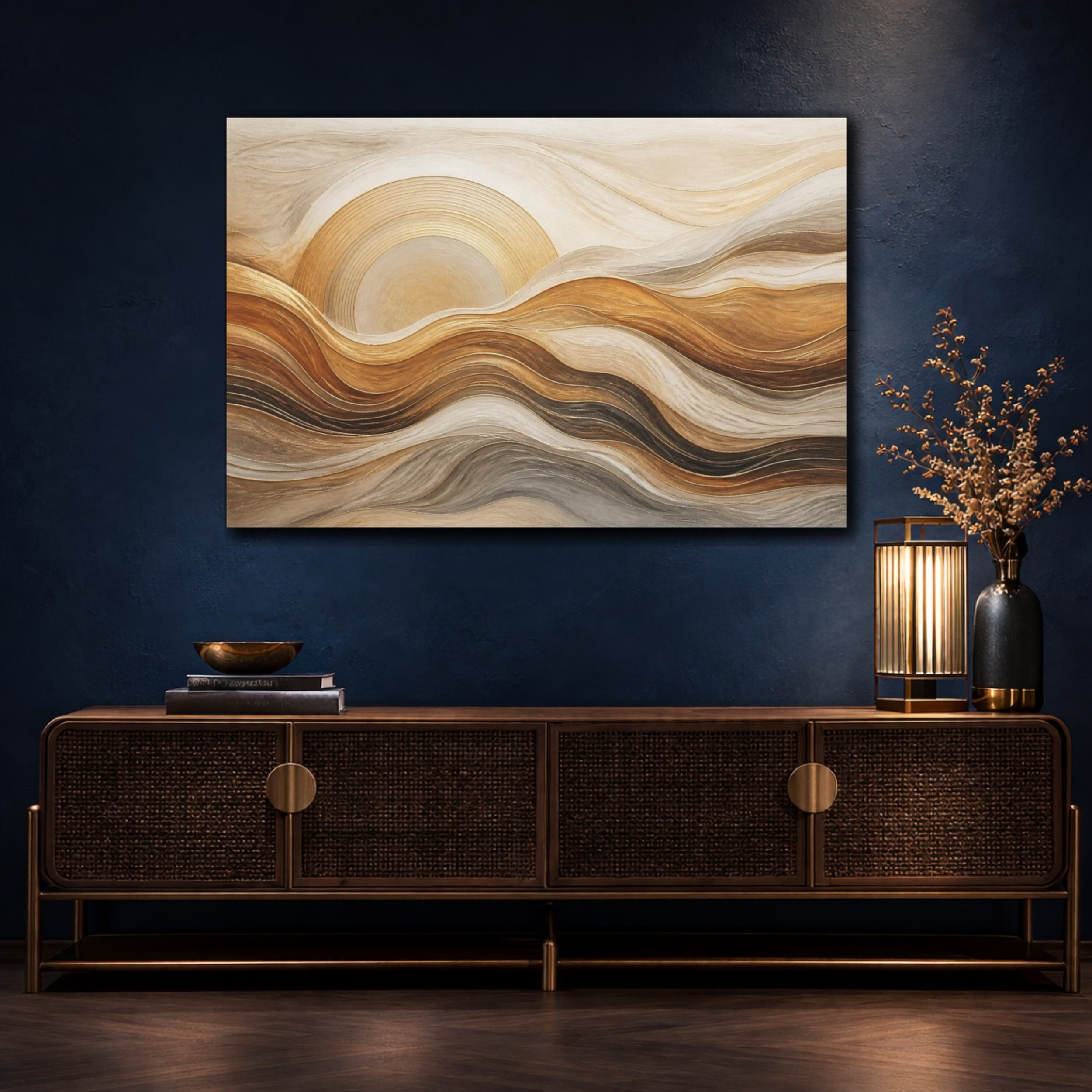 Mockup 4. Abstract Golden Sun Waves shown as canvas print