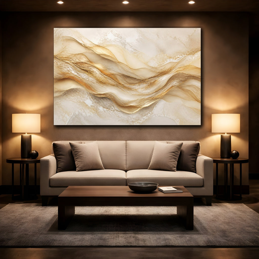 Mockup 2. Abstract Golden Waves shown as canvas print
