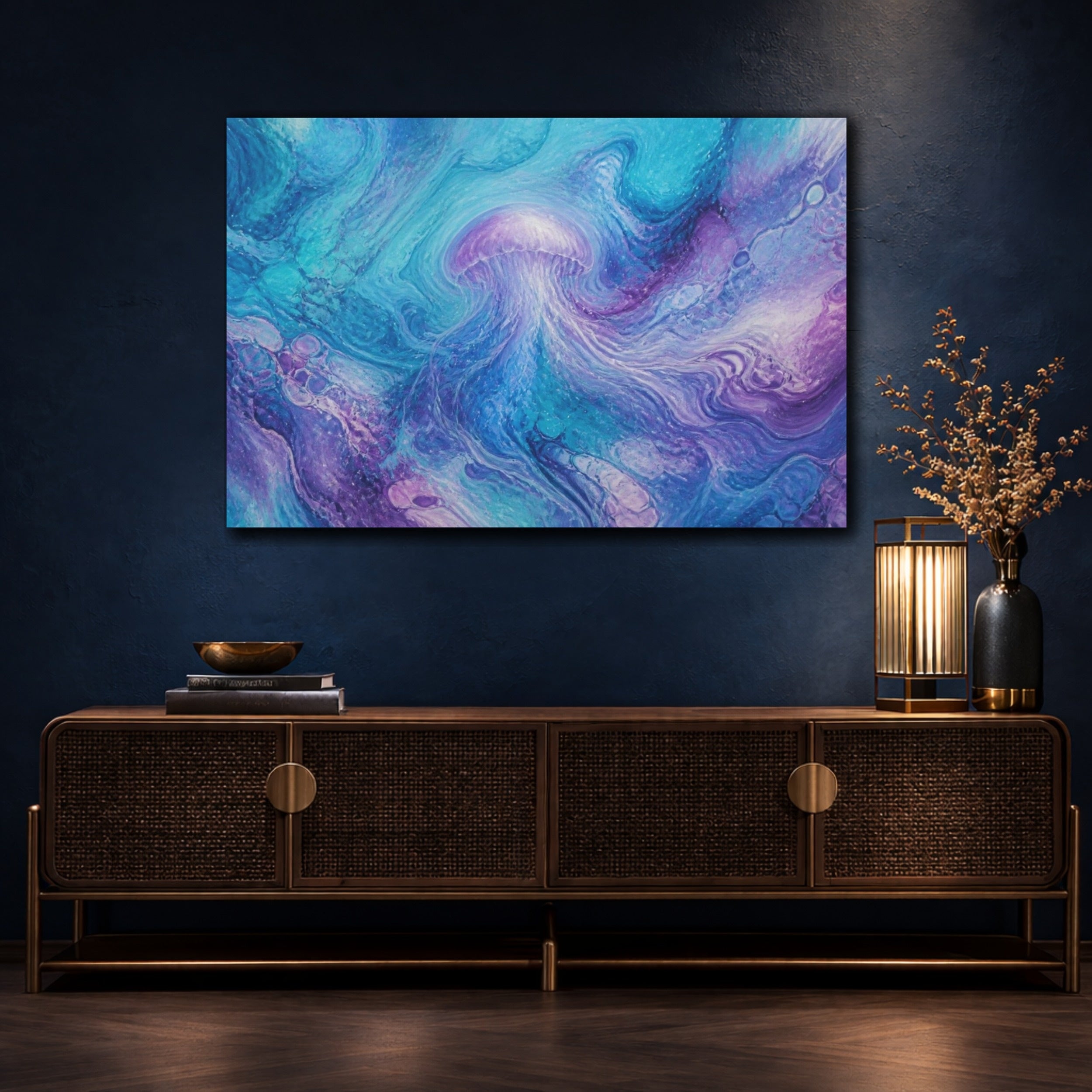 Mockup 4. Abstract Jellyfish Swirl shown as canvas print
