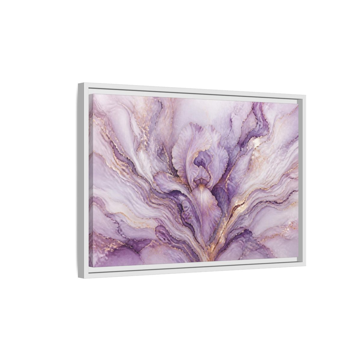 Side Mockup 1. Abstract Lavender Iris Bloom shown as framed canvas print
