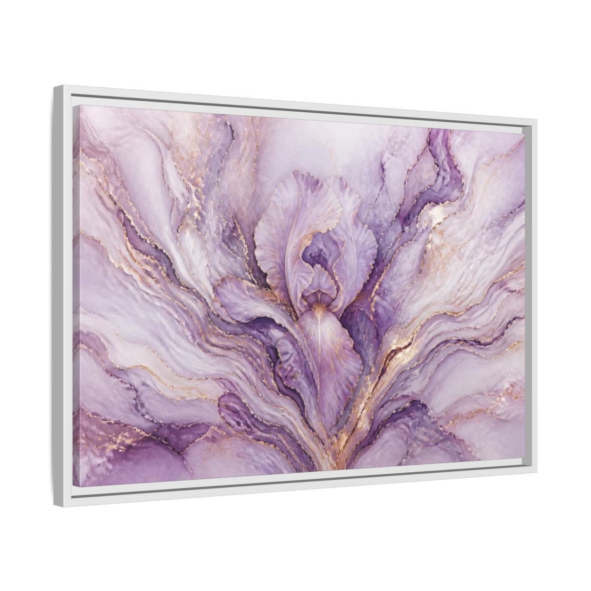 Side Mockup 10. Abstract Lavender Iris Bloom shown as framed canvas print