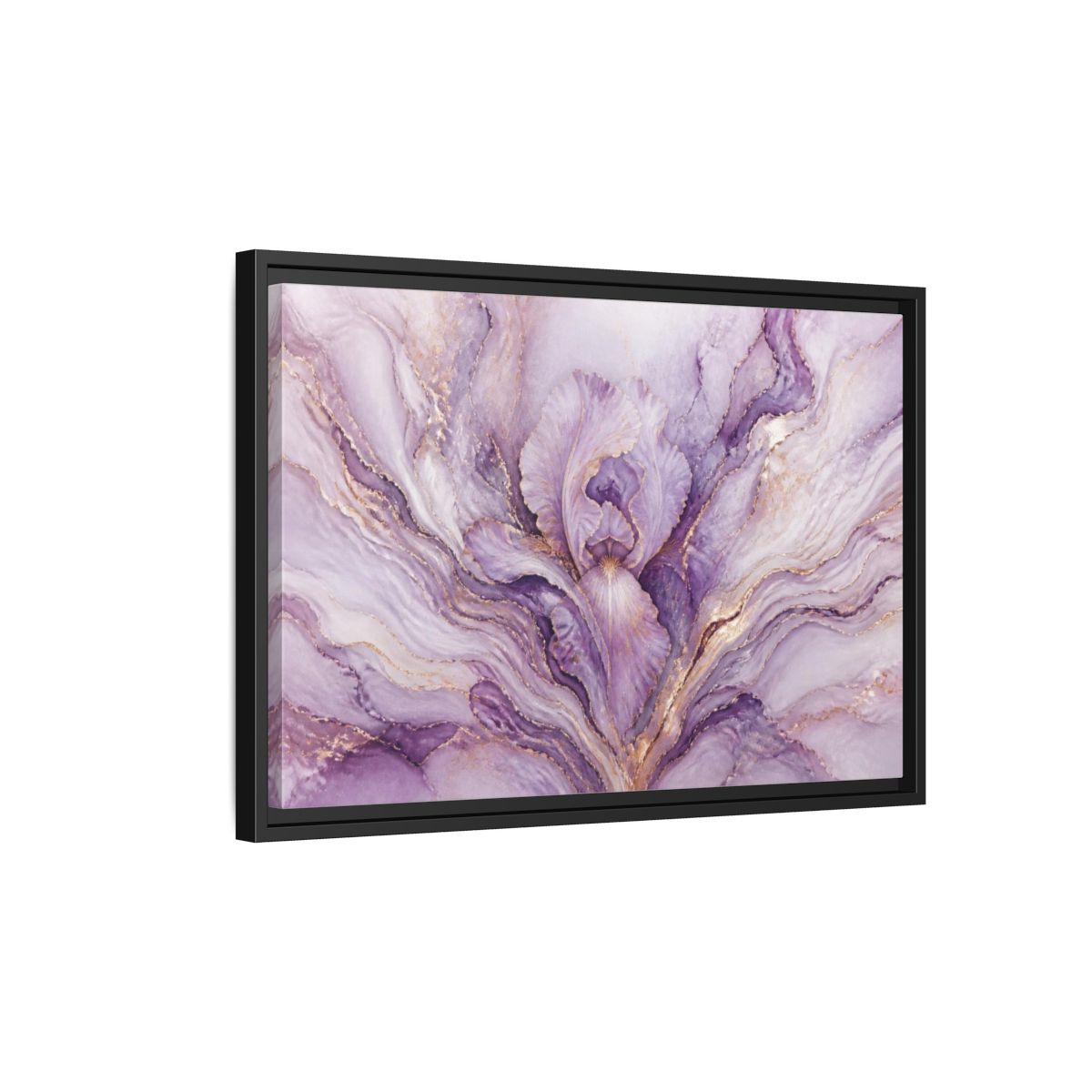 Side Mockup 3. Abstract Lavender Iris Bloom shown as framed canvas print