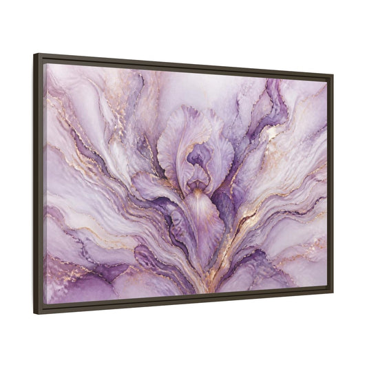 Main Mockup. Abstract Lavender Iris Bloom shown as framed canvas print