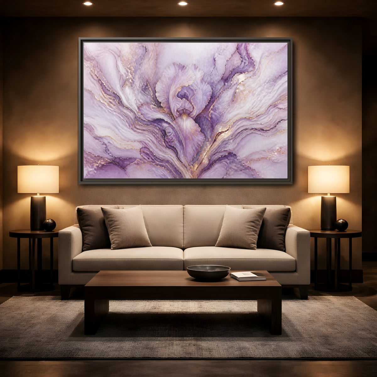 Mockup 2. Abstract Lavender Iris Bloom shown as framed canvas print
