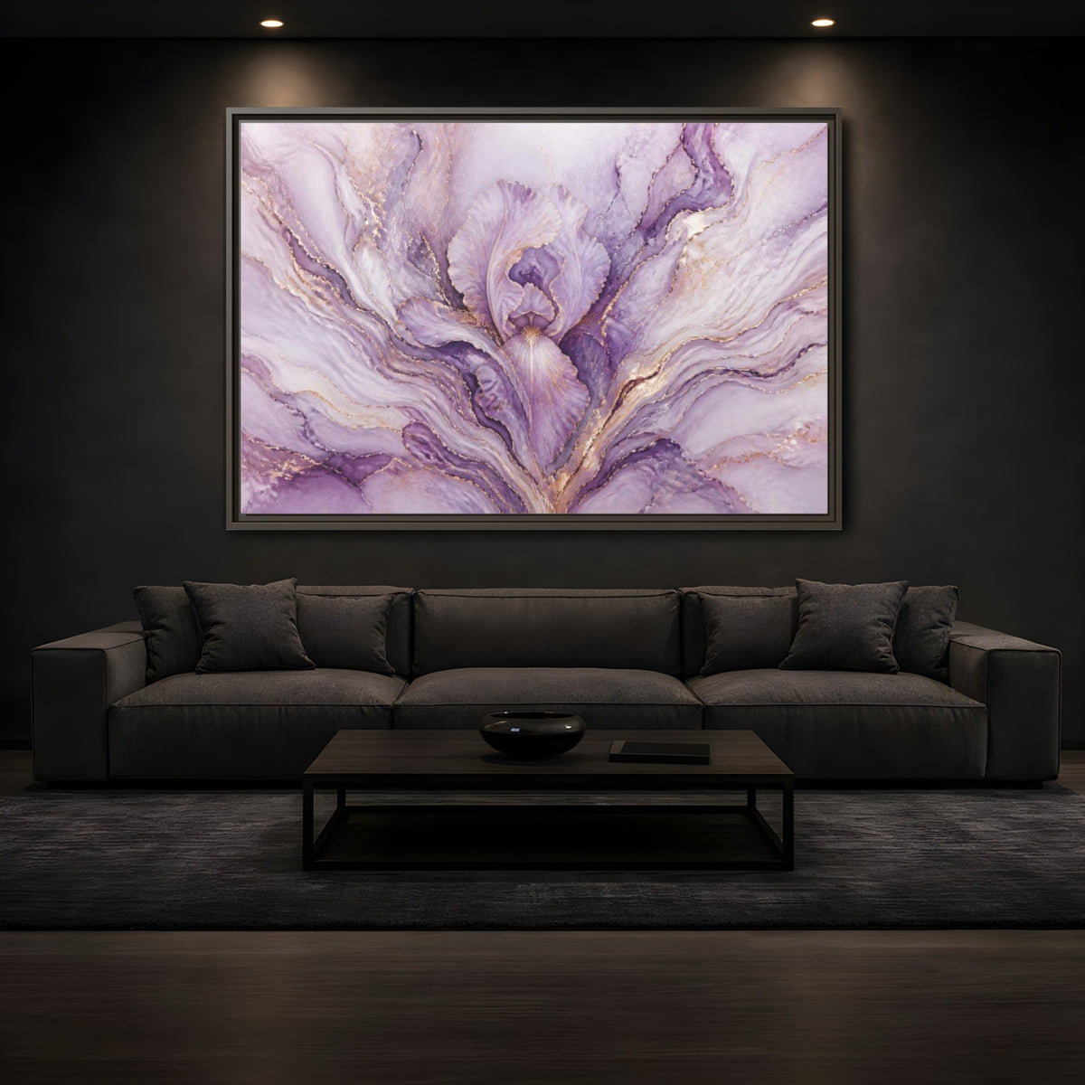 Mockup 3. Abstract Lavender Iris Bloom shown as framed canvas print