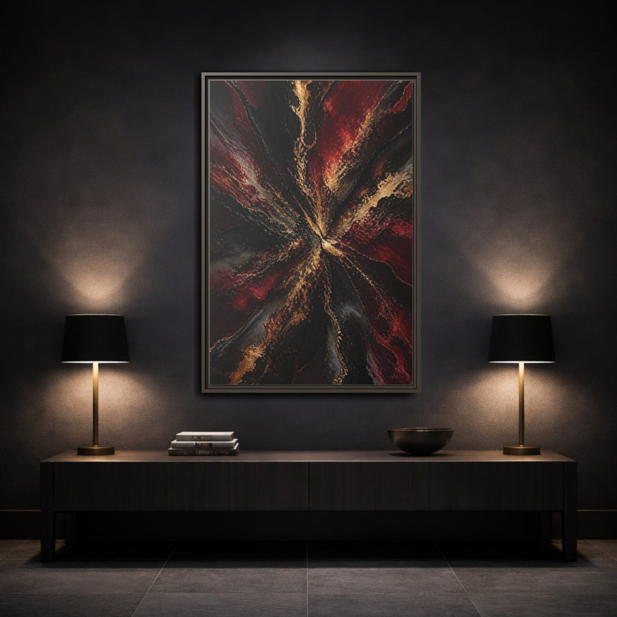 Mockup 3. Abstract Metallic Burst shown as framed canvas print