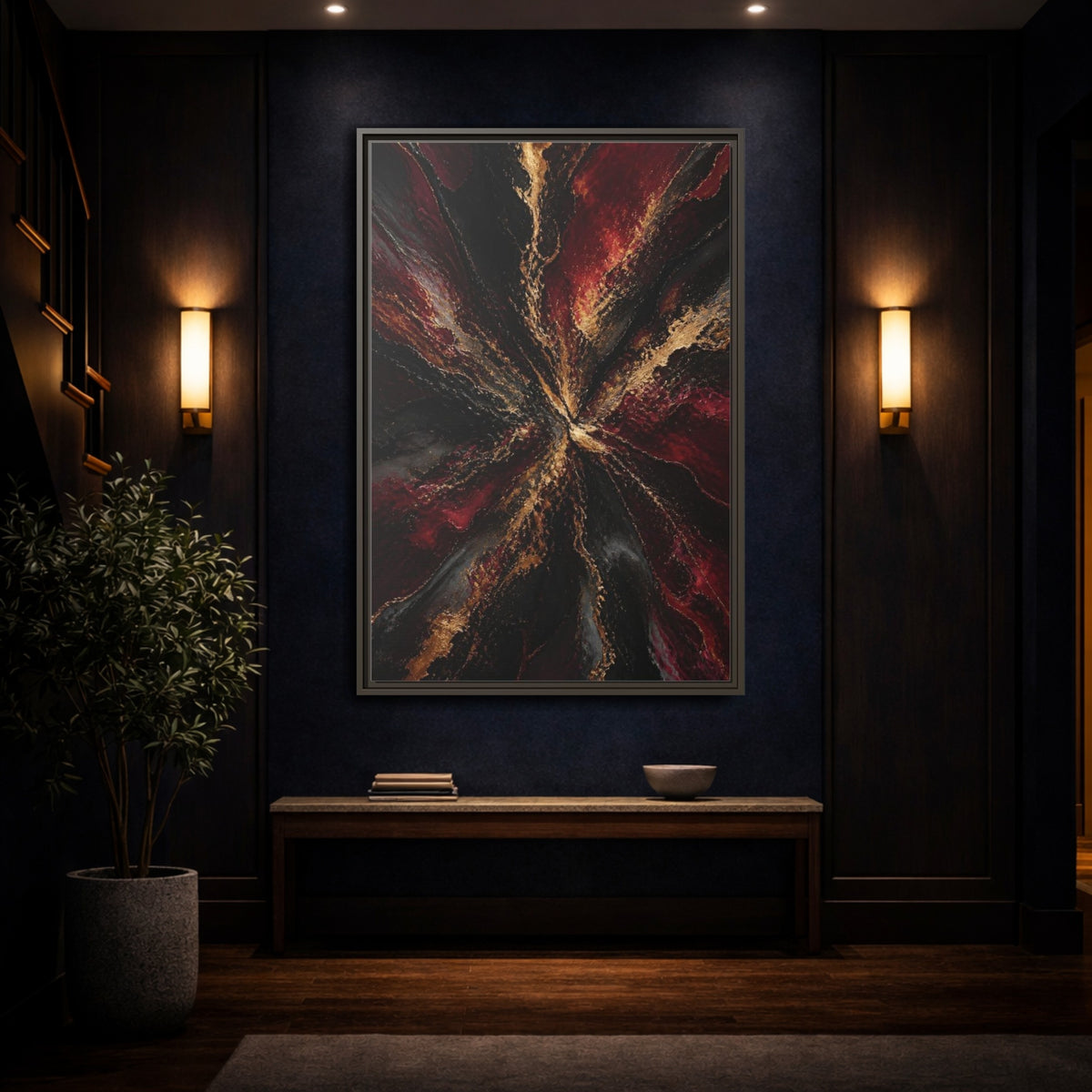 Mockup 4. Abstract Metallic Burst shown as framed canvas print