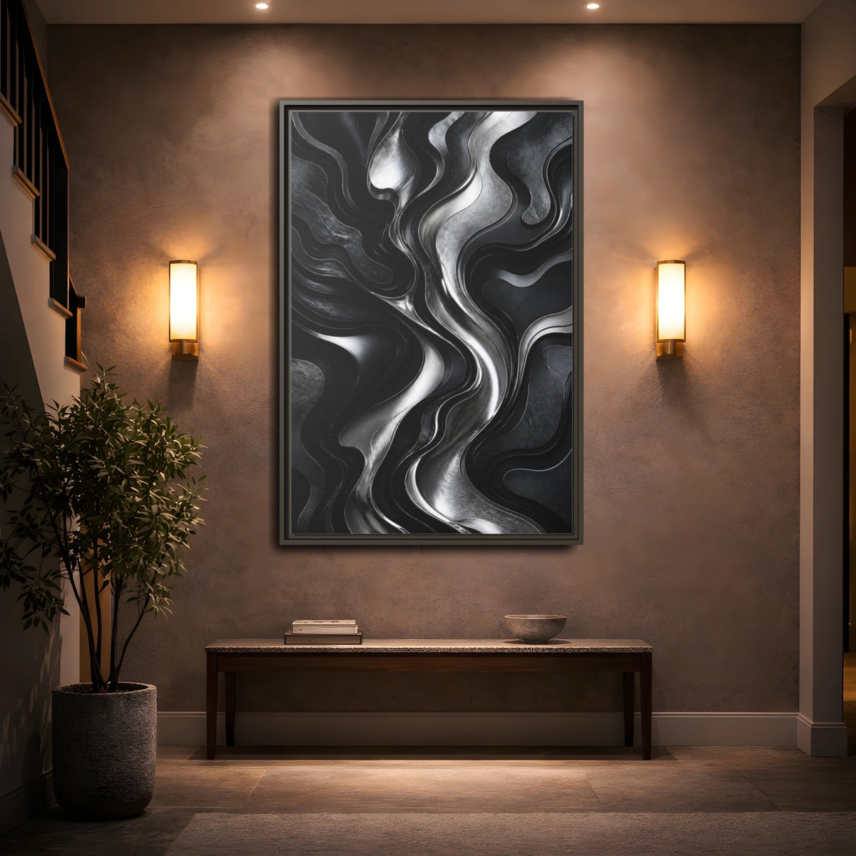Mockup 2. Abstract Metallic Flow shown as framed canvas print