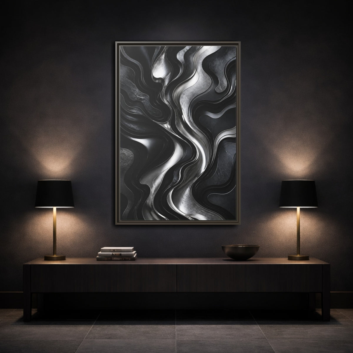 Mockup 3. Abstract Metallic Flow shown as framed canvas print