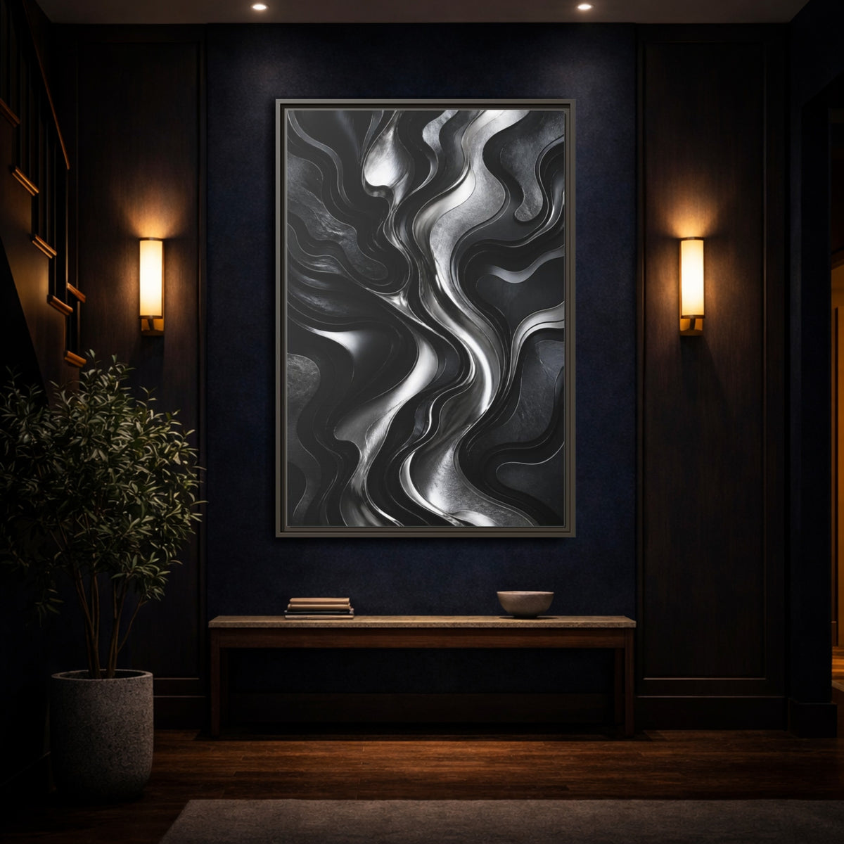 Mockup 4. Abstract Metallic Flow shown as framed canvas print