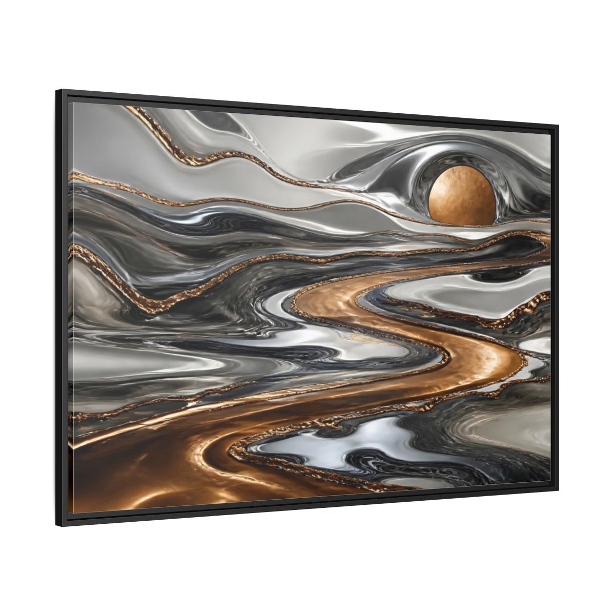 Side Mockup 12. Abstract Metallic River shown as framed canvas print