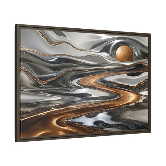 Main Mockup. Abstract Metallic River shown as framed canvas print