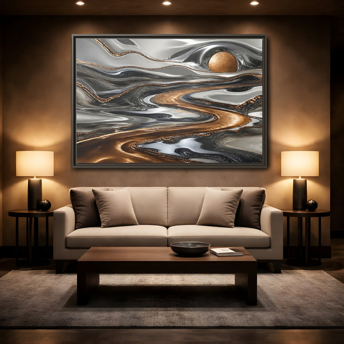 Mockup 2. Abstract Metallic River shown as framed canvas print