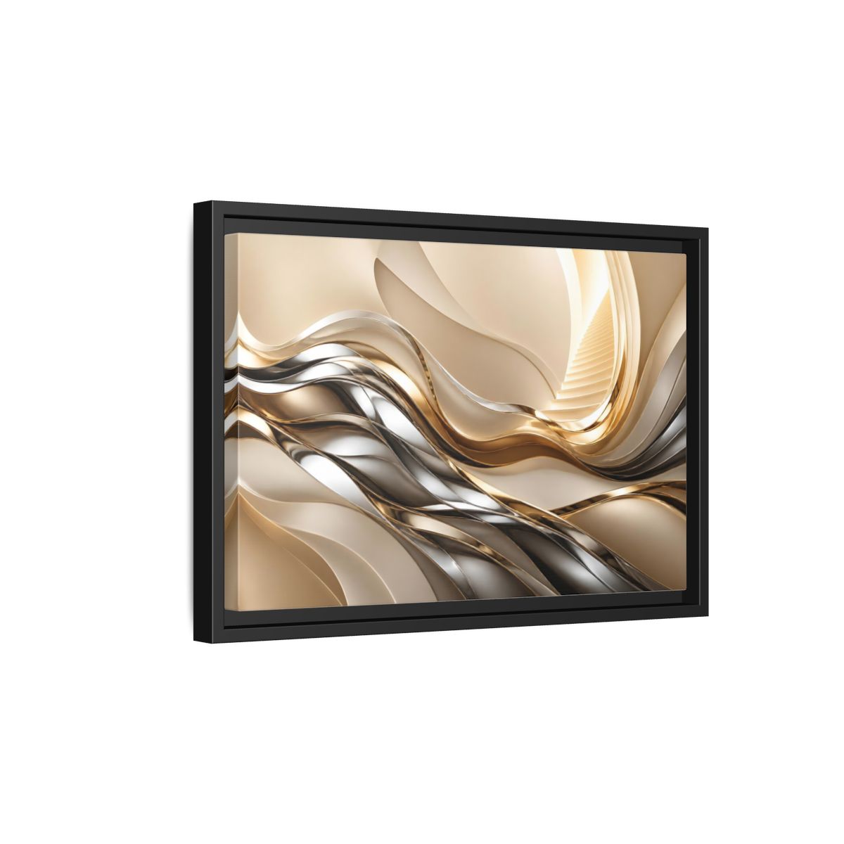 Side Mockup 6. Abstract Metallic Waves Stairway shown as framed canvas print