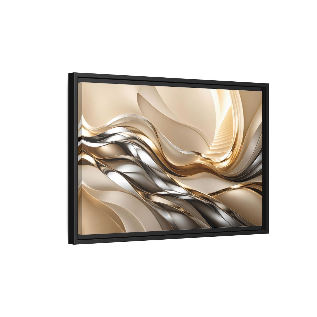 Side Mockup 3. Abstract Metallic Waves Stairway shown as framed canvas print