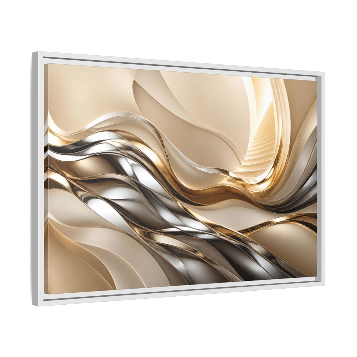 Side Mockup 10. Abstract Metallic Waves Stairway shown as framed canvas print