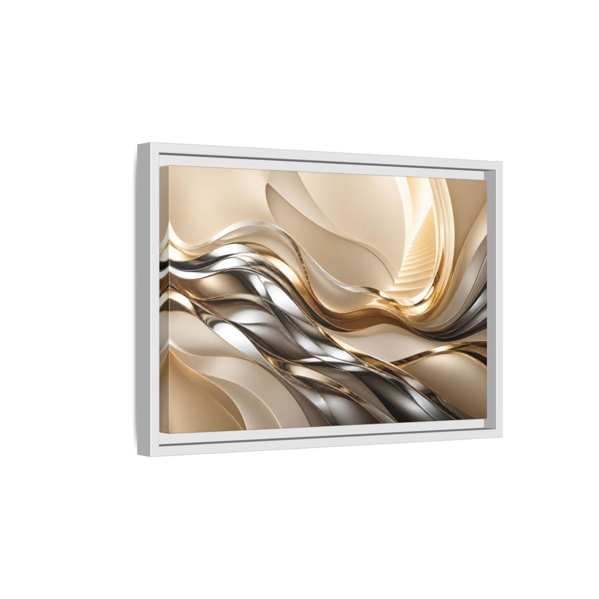 Side Mockup 4. Abstract Metallic Waves Stairway shown as framed canvas print
