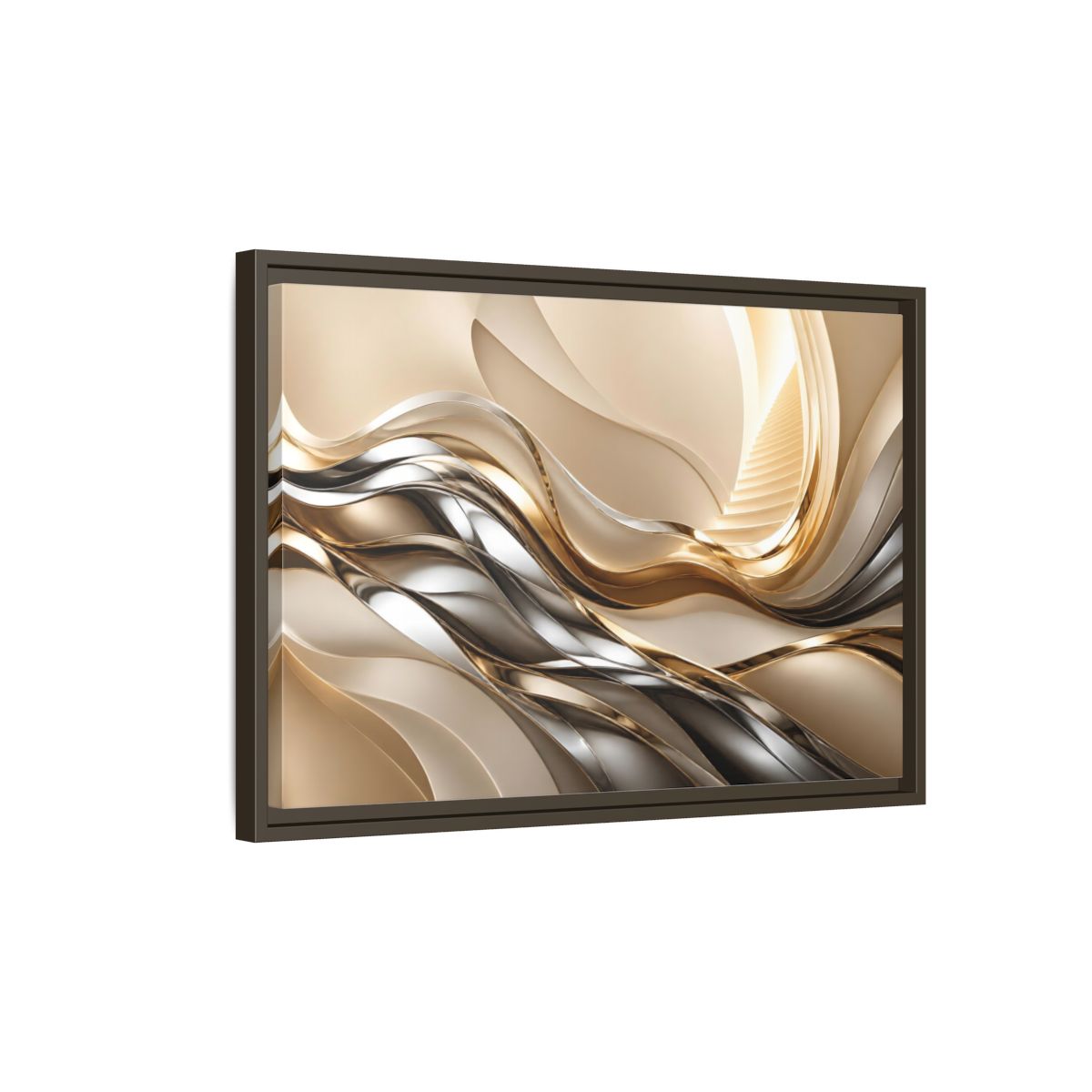 Side Mockup 2. Abstract Metallic Waves Stairway shown as framed canvas print